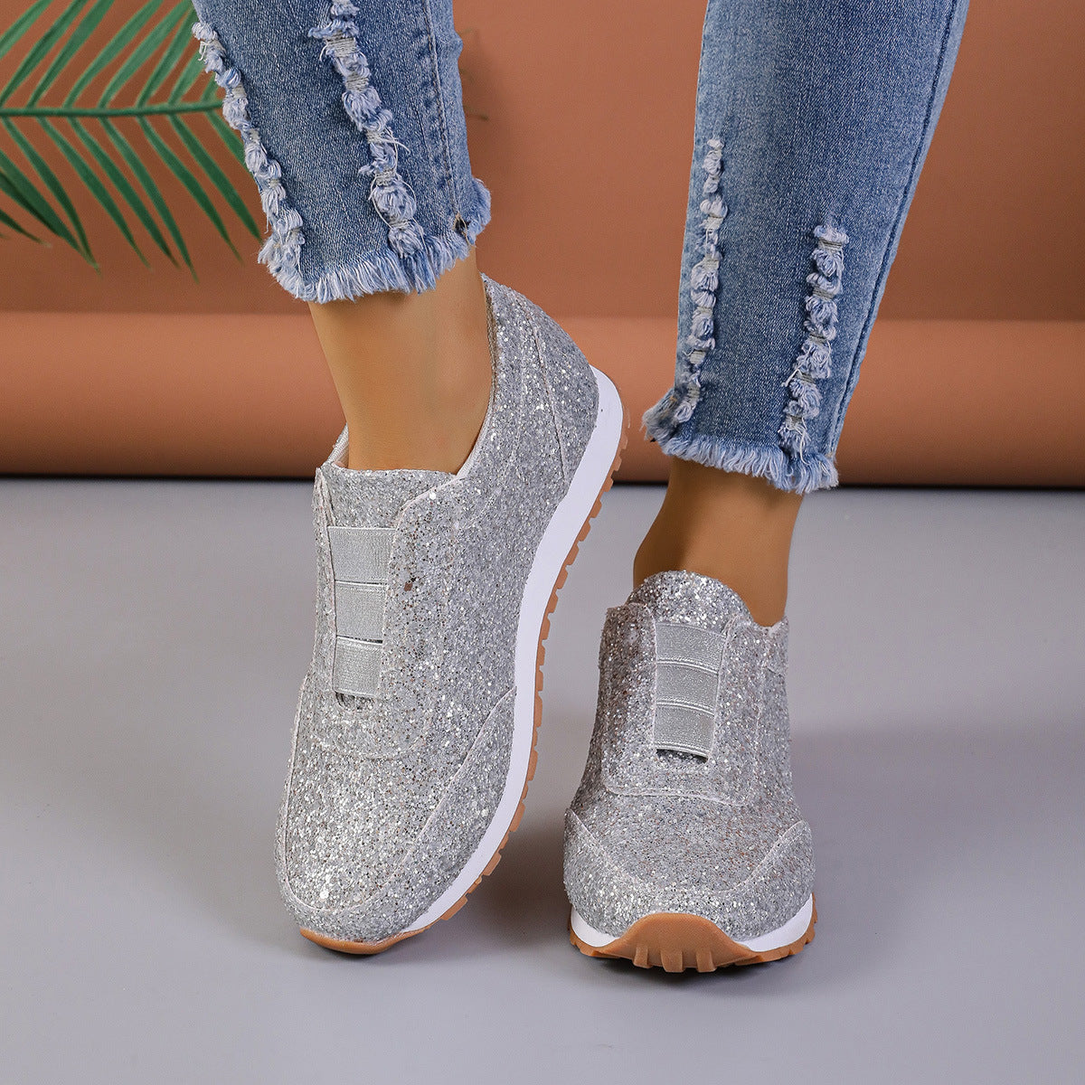 Dam Sneakers – Låg Profil – Slip-On – Paljettöverdel – Mjuk Dämpad Sula