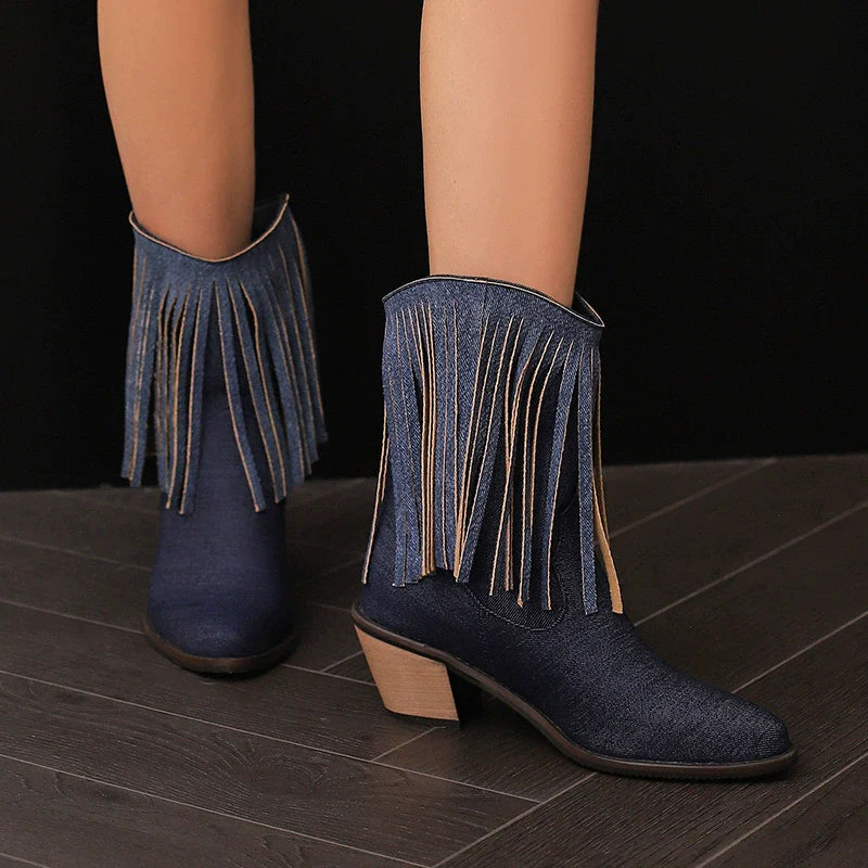 Dam Ankelboots – Spetsig Tå – Blockklack – Fransdetalj – Mixade Material – Slip-on