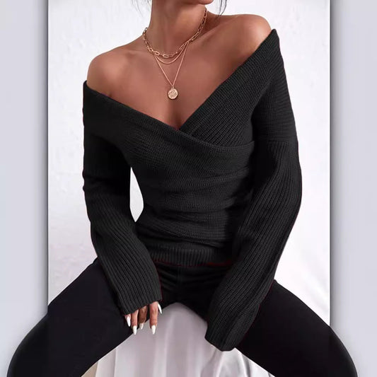 Damtröja – Slim Fit – Ribbstickad – Off-Shoulder – Omlott V-ringning – Lång ärm