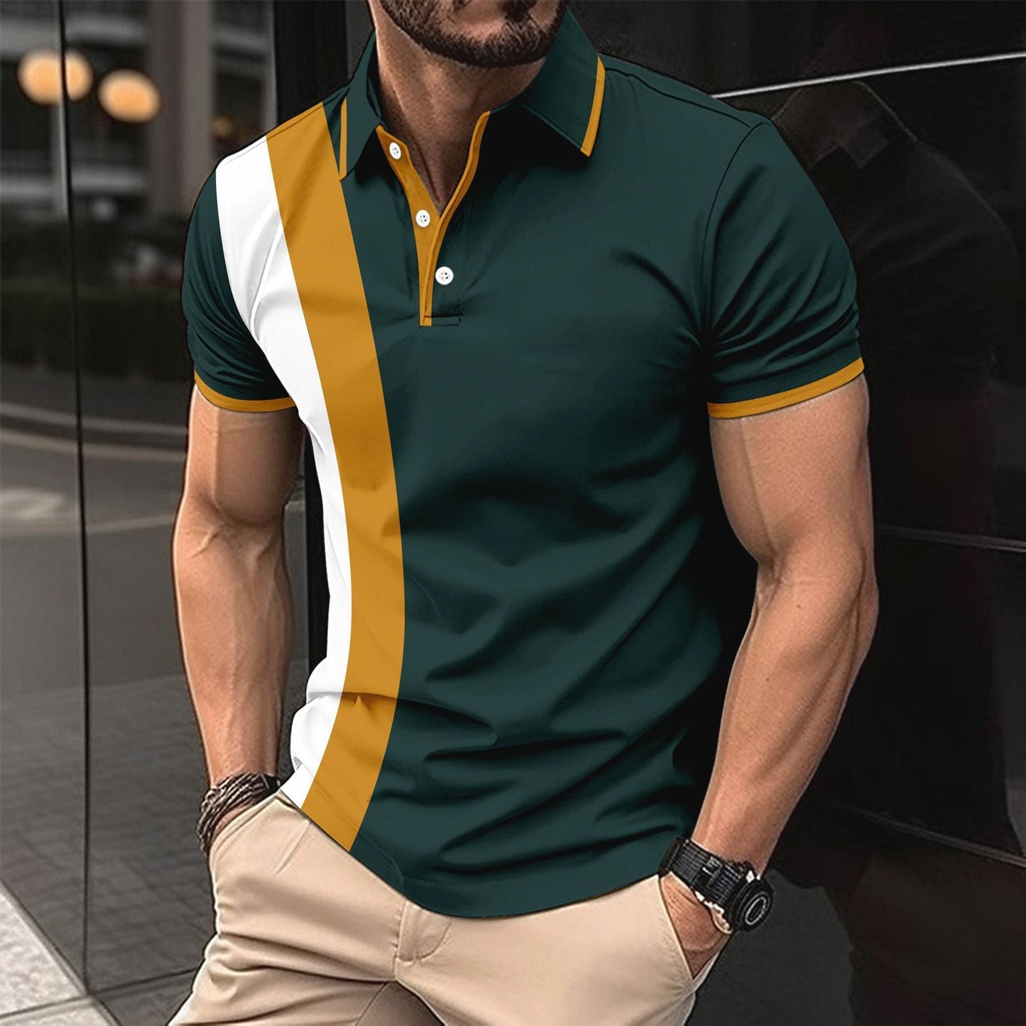 Herr Pikétröja – Slim Fit – Bomullsblandning – Kort Ärm – Sportig Randdetalj