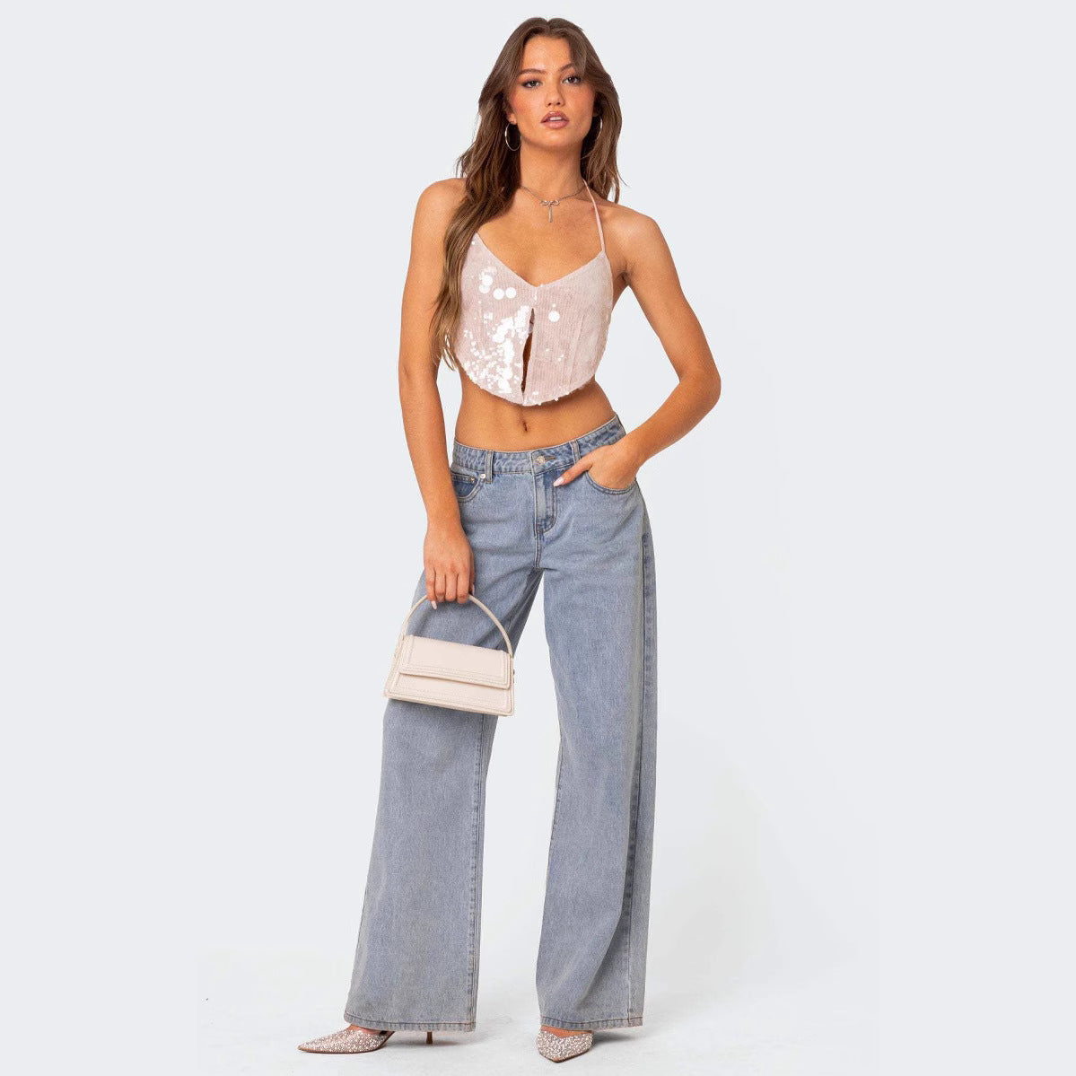 Dam Crop Top – Paljett – Figurnära Passform – Halterneck – Djup V-ringning – Festtop