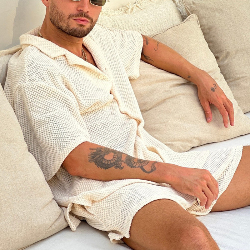 Herrarnas outfitset – Texturerad skjorta med knappar – Avslappnad passform – Dragskoshorts