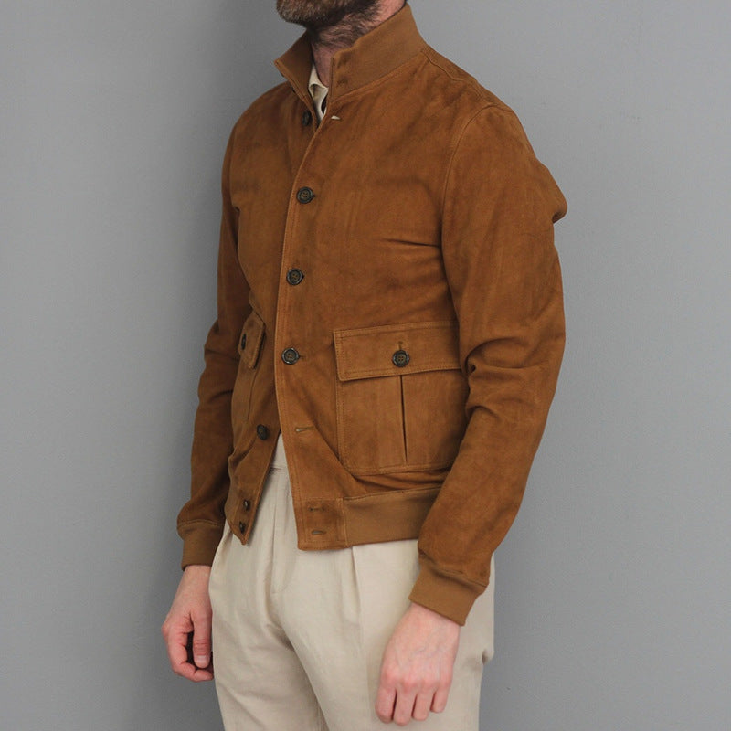 Herrjacka – Slim Fit – Mocka – Ståkrage – Knäppning – Ribbade Manschetter – Fickor