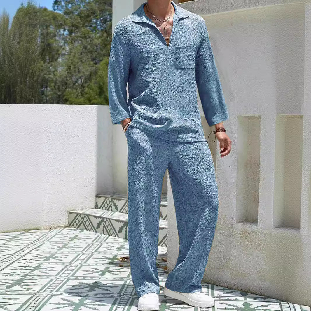 Herr Loungewear-set – Avslappnad Passform – Ribbad Mjuk Trikå – Krage & Hellång Arm