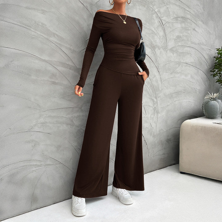 Dam Set – Slim Fit Långärmad Topp – Hög Midja Vida Byxor – Stretchig Bekväm Passform