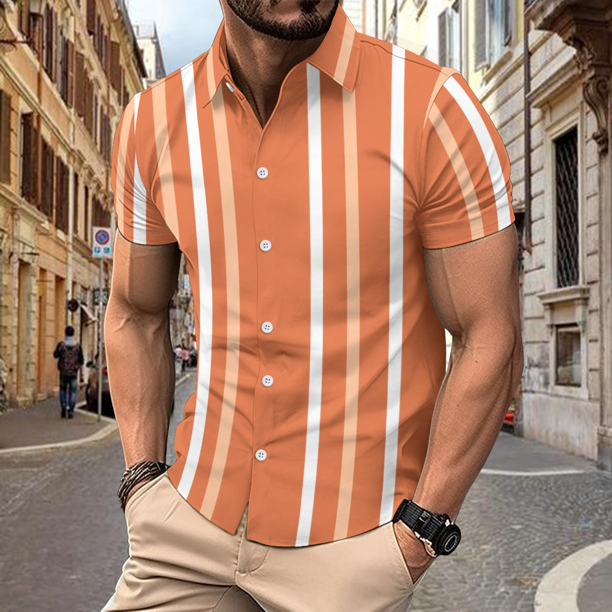 Herrskjorta kort ärm – Slim fit – Bomull – Vertikalt randig – Knappstängning