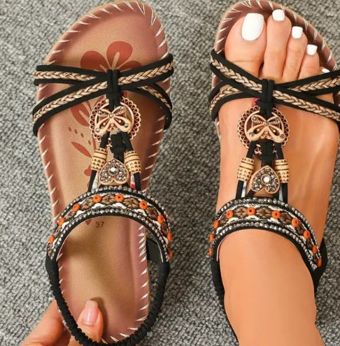 Dam Sandaler – Platta – Boho Flätad Rem – Strassdetaljer – Öppen Tå – Bekväm Passform