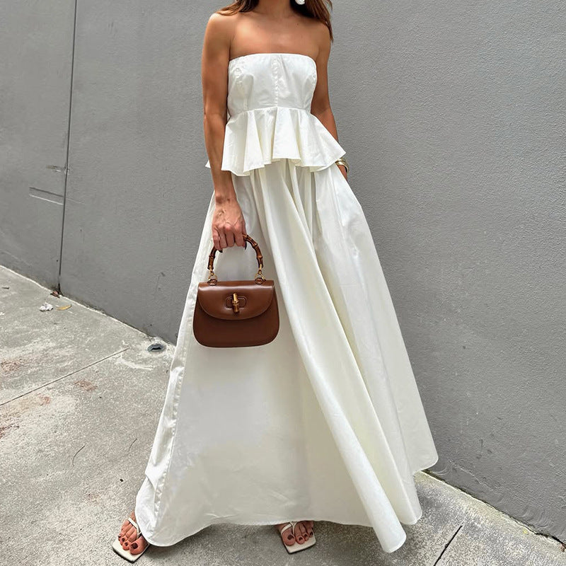 Damklänning maxi – ärmlös axelbandslös – peplumliv – luftig A-linjeform