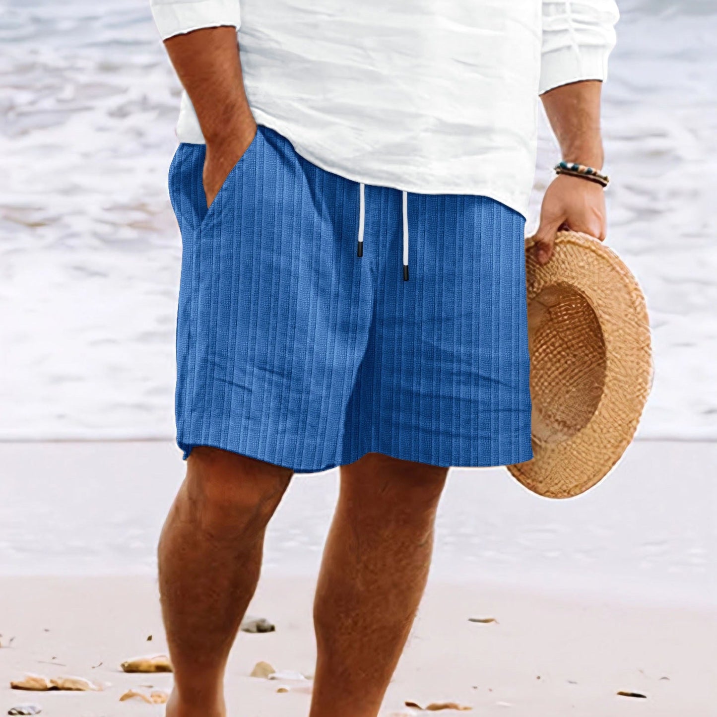 Herrshorts – Bomull Linneblandning – Avslappnad Passform – Dragsko – Flera Fickor