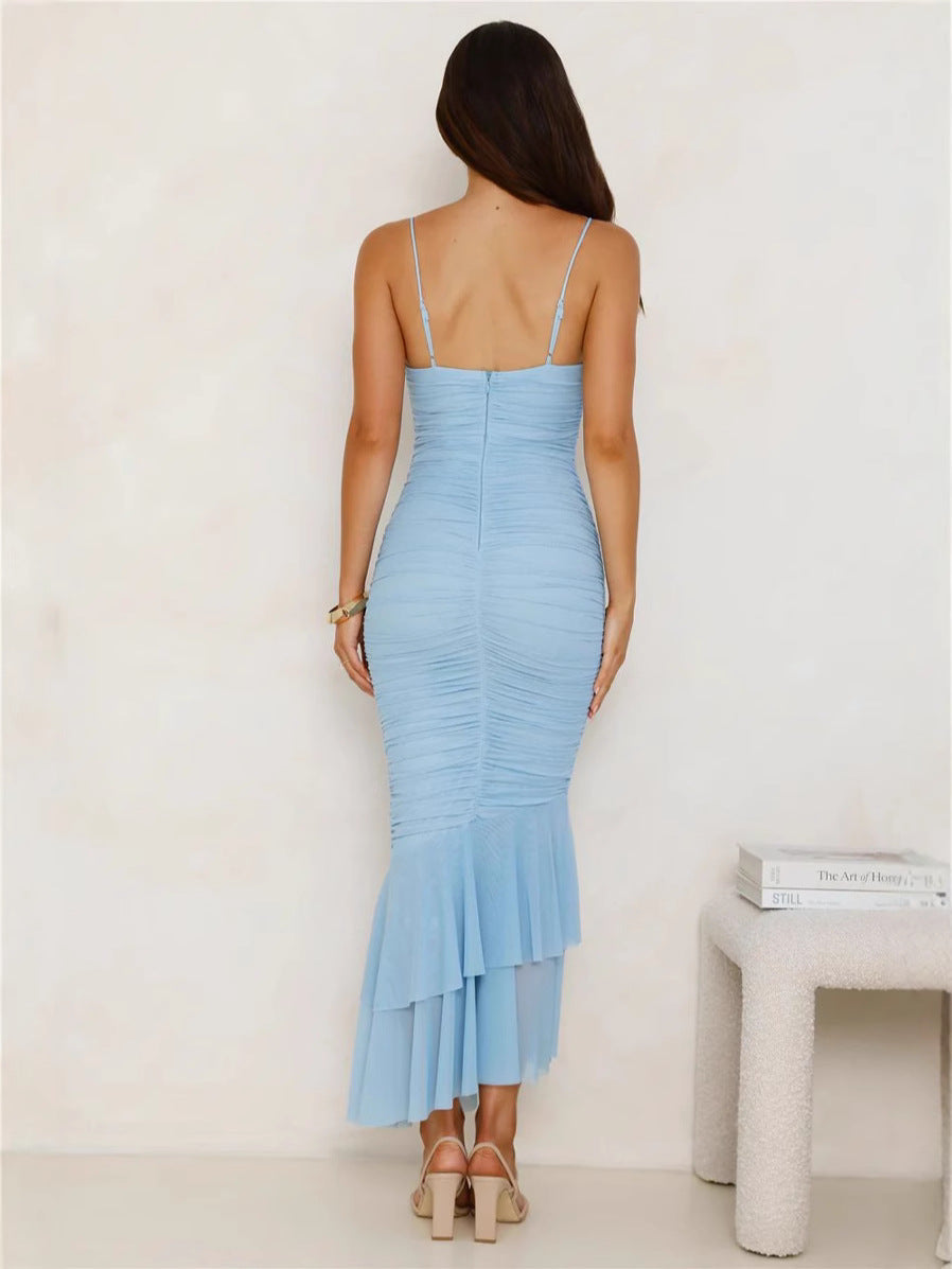 Damklänning – Figurnära Passform – Spagettiband – Rynkad – Blommig Applikation – Volangkant