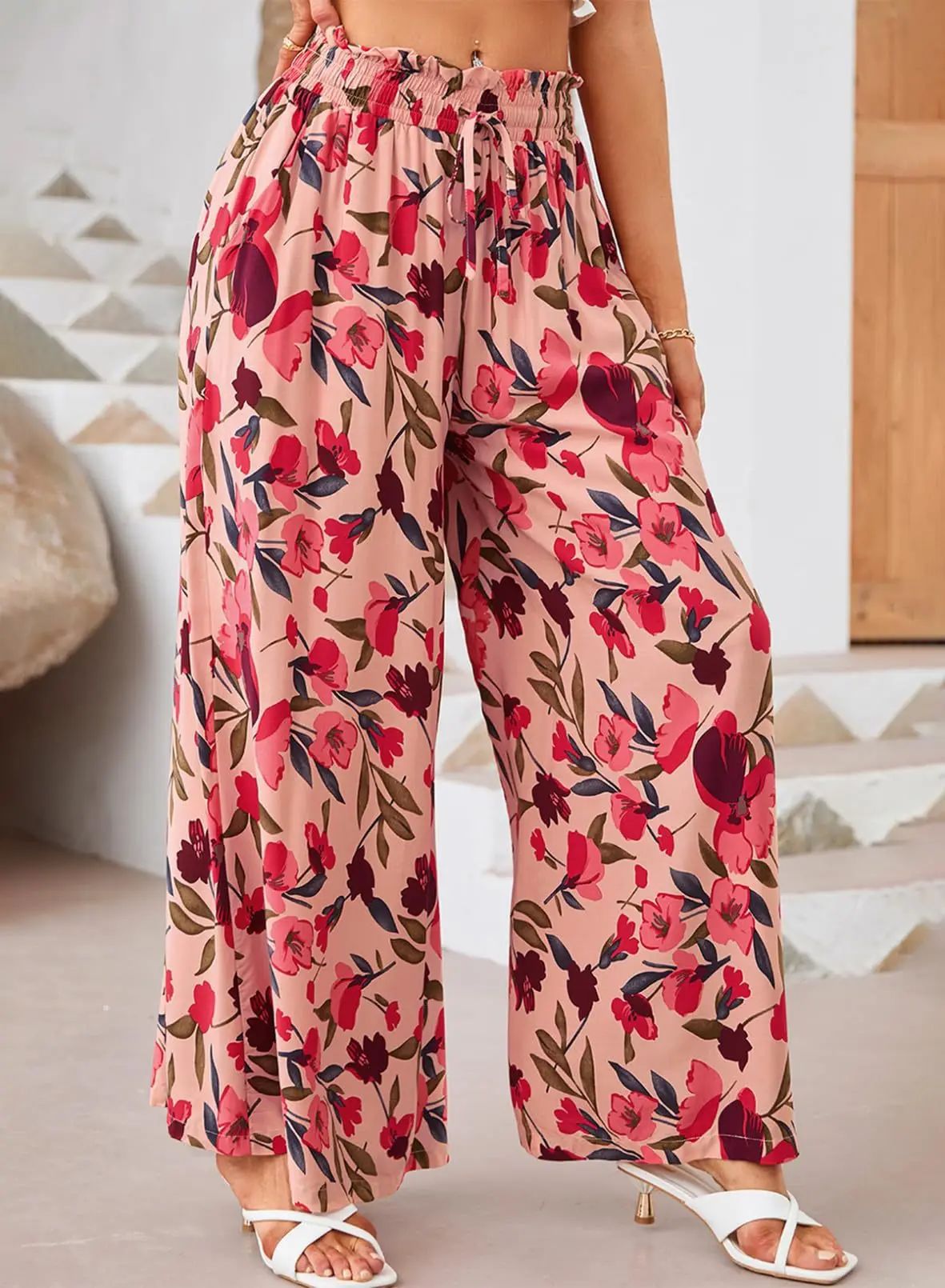 Women’s Relaxed Fit Floral Wide-Leg Pants with Drawstring Waist