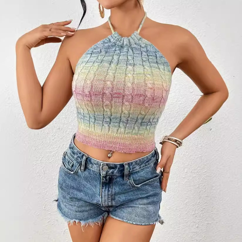 Dam Halterneck Crop Top – Slim Fit Stickad – Kabelstickat Mönster – Ribbad Kant