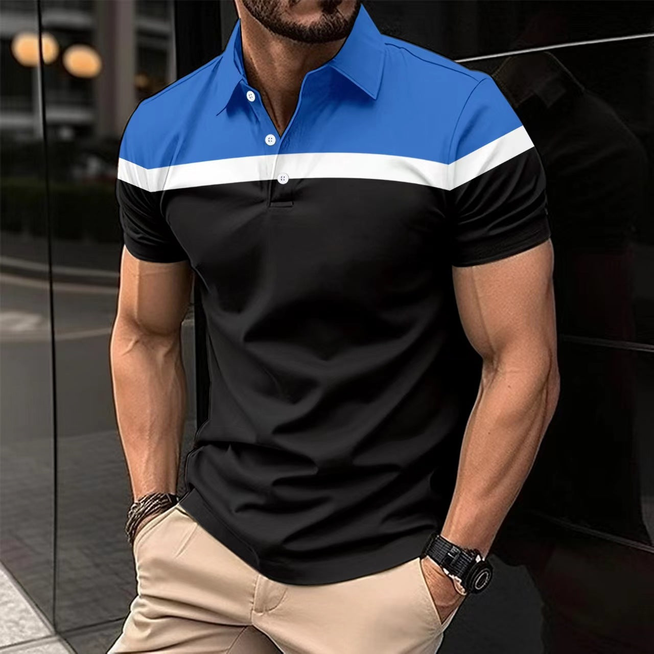 Herr Pikétröja – Slim Fit – Bomullsblandning – Kort Ärm – Sportig Randdetalj