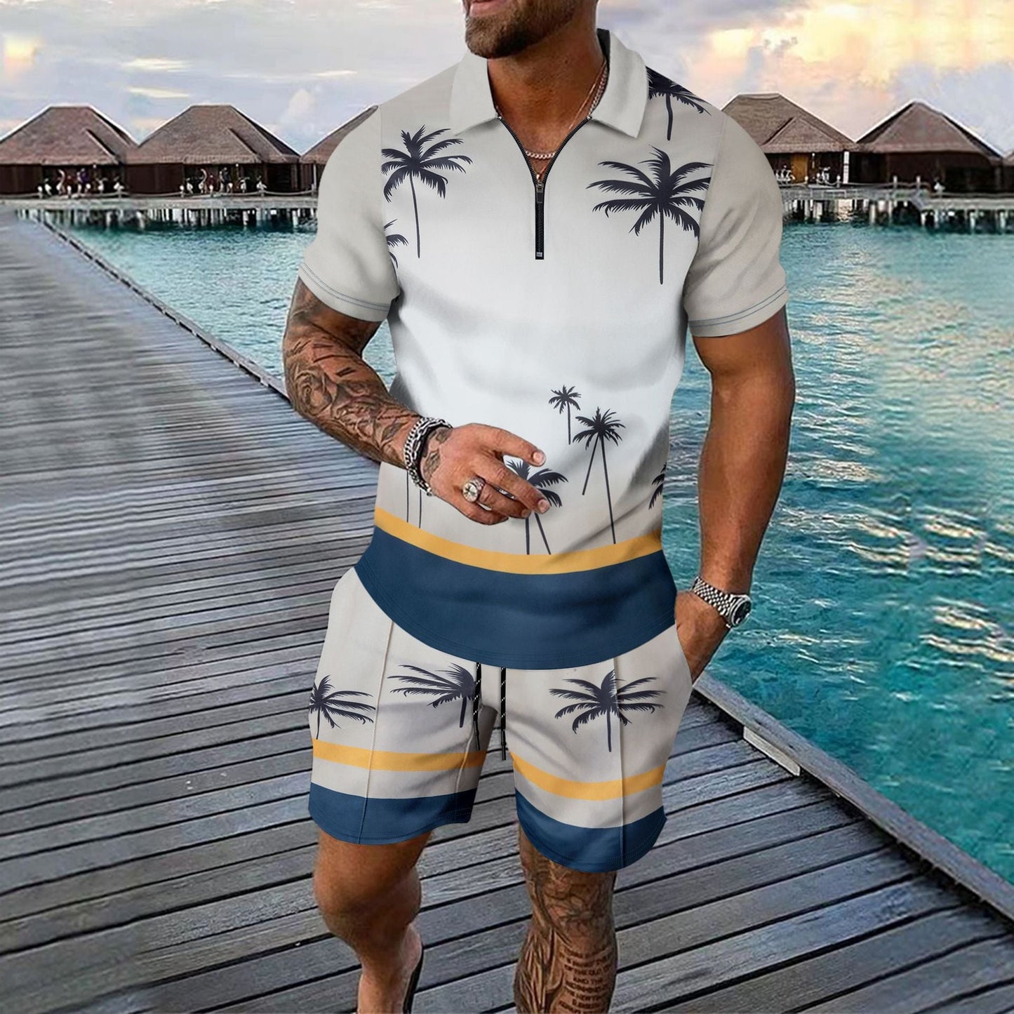 Herrset med skjorta och shorts – Slim Fit – Bomullsblandning – Tropiskt mönster – Dragkedja i halsen