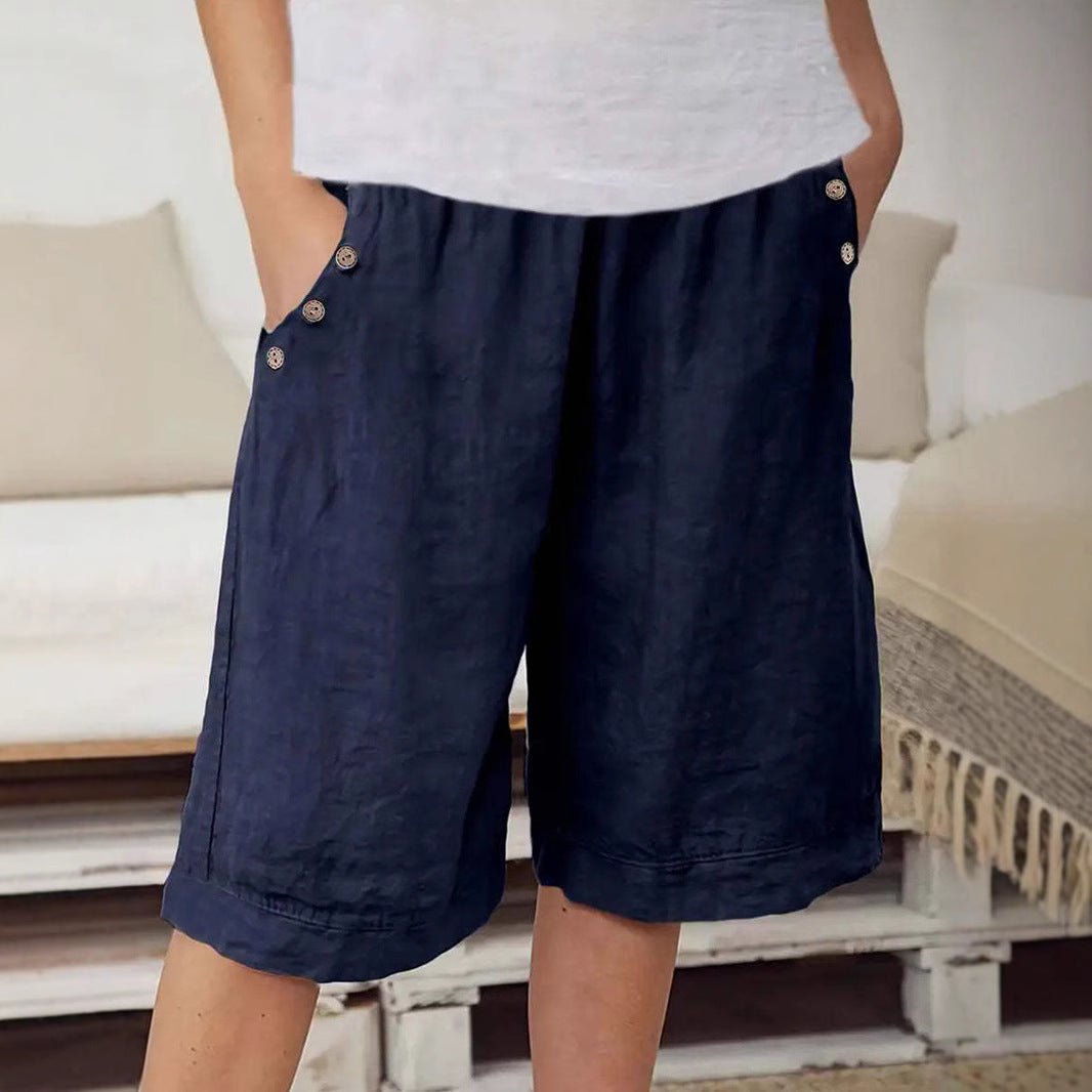 Damshorts – Avslappnad Passform – Elastisk Midja – Naturfiber – Knälång Design