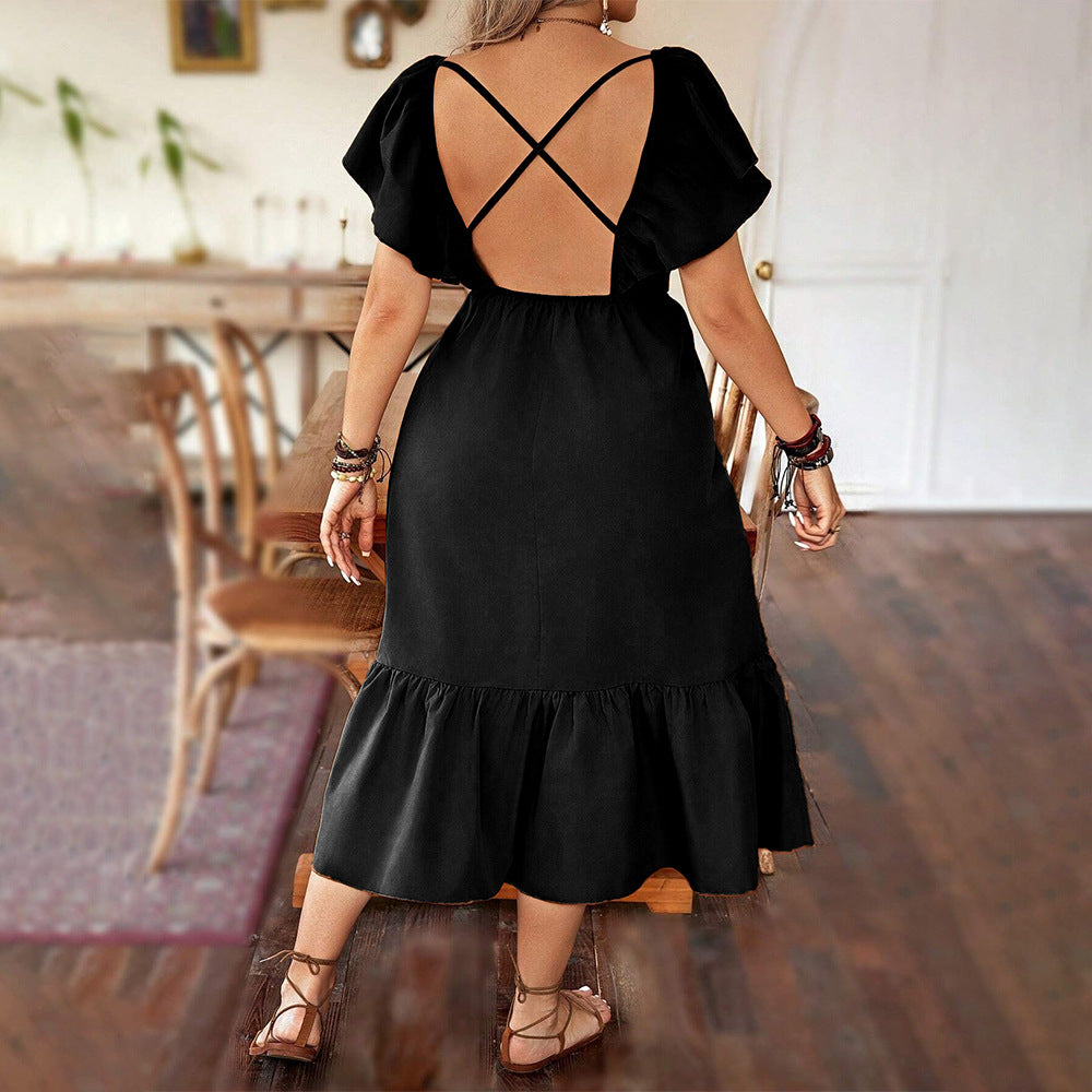 Damklänning midi – V-ringning – A-linjeformad – Kort puffärm – Volangkant