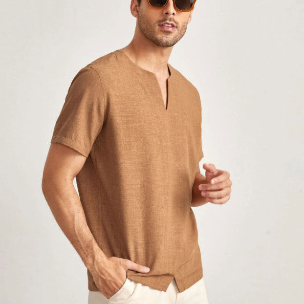 Herr T-shirt – V-ringning – Avslappnad Passform – Kort Ärm – Bomullsblandning