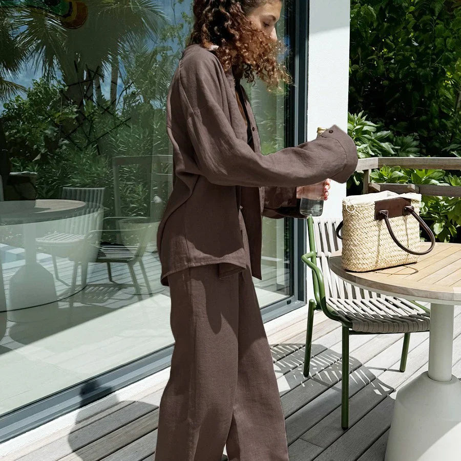 Damset – Linnekänsla – Avslappnad Passform – Oversize Skjorta – Vida Byxor