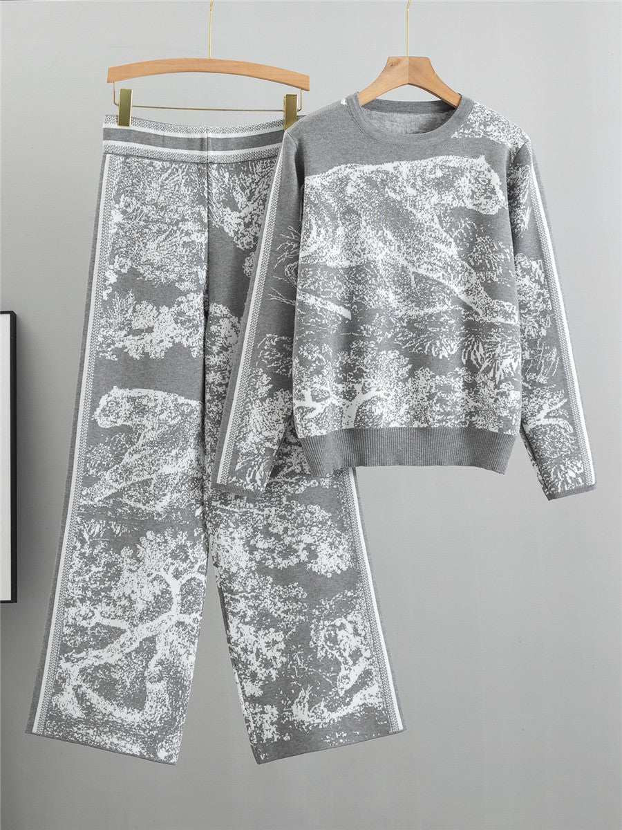 Damset med tröja och byxa – Jacquardstickad – Vida ben – Hög midja – Avslappnad passform