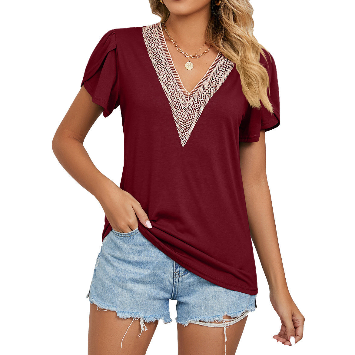 Dam T-shirt – Avslappnad Passform – V-ringning med Spets – Andningsbart Tyg