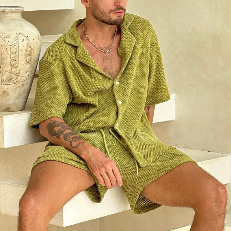 Herrarnas outfitset – Texturerad skjorta med knappar – Avslappnad passform – Dragskoshorts