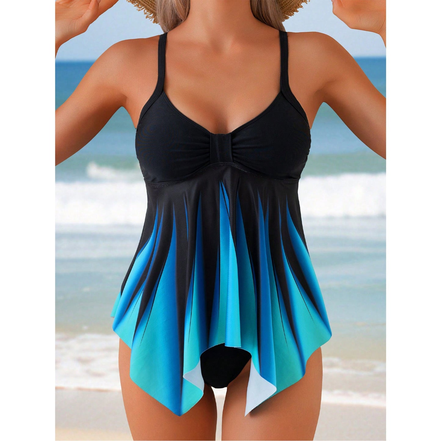 Dam Tankini Set– V-ringning – Rynkad byst – Asymmetrisk fåll – Lös passform