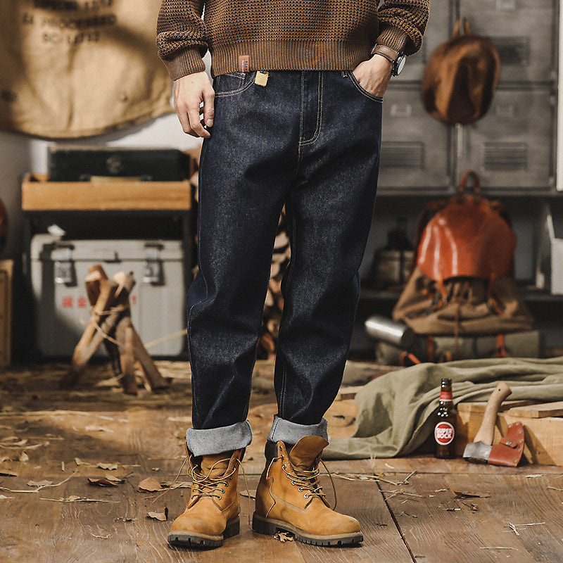 Herrjeans – Avslappnad Passform – Rak Ben – Slitna – Denim i Femficksmodell