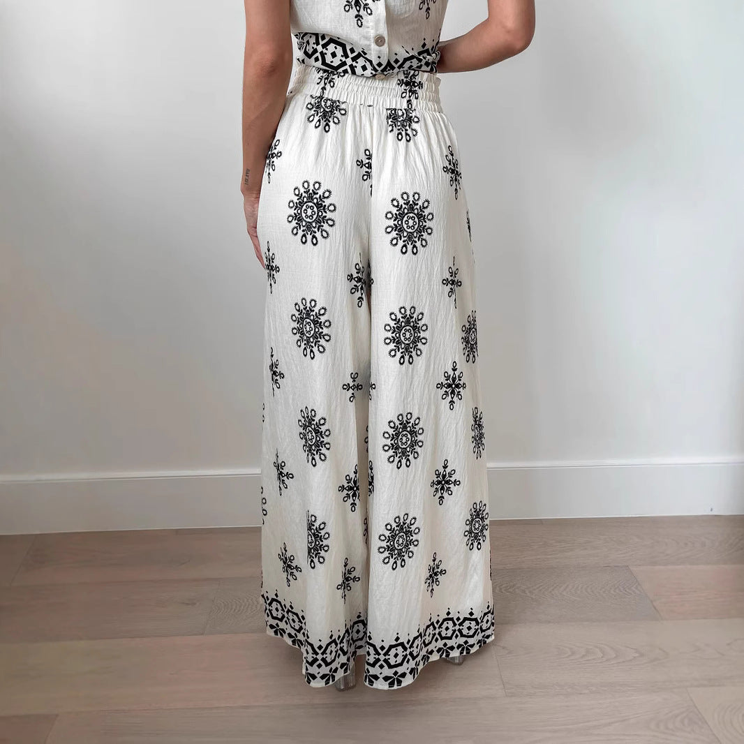 Damset – Ärmös Crop Top och Höga Vida Byxor – Avslappnad Passform – Lätt Bomullsblandning