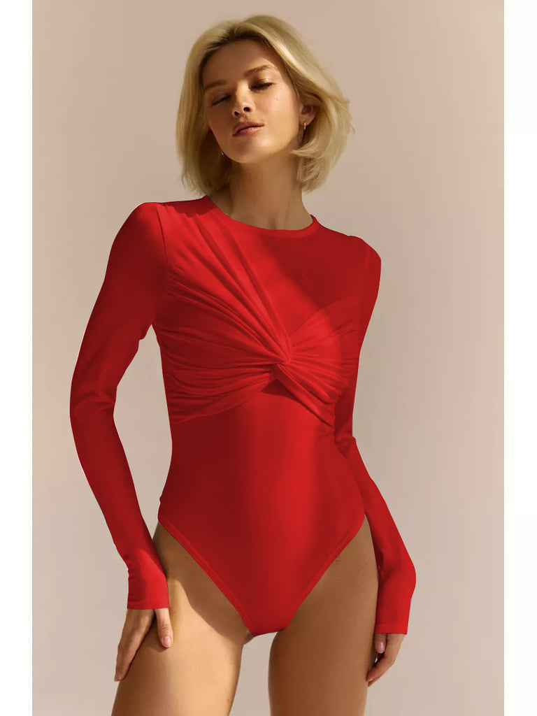 Dam Bodysuit – Slim Fit – Stretchmaterial – Rynkad Front – Lång ärm – Rund hals
