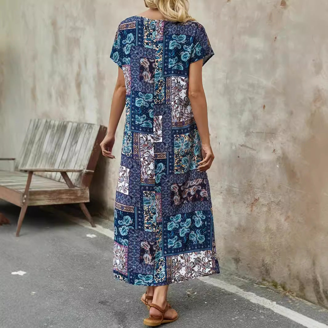 Damklänning – Avslappnad Passform – Kort Ärm – Paisley Patchwork – Andningsbart Tyg