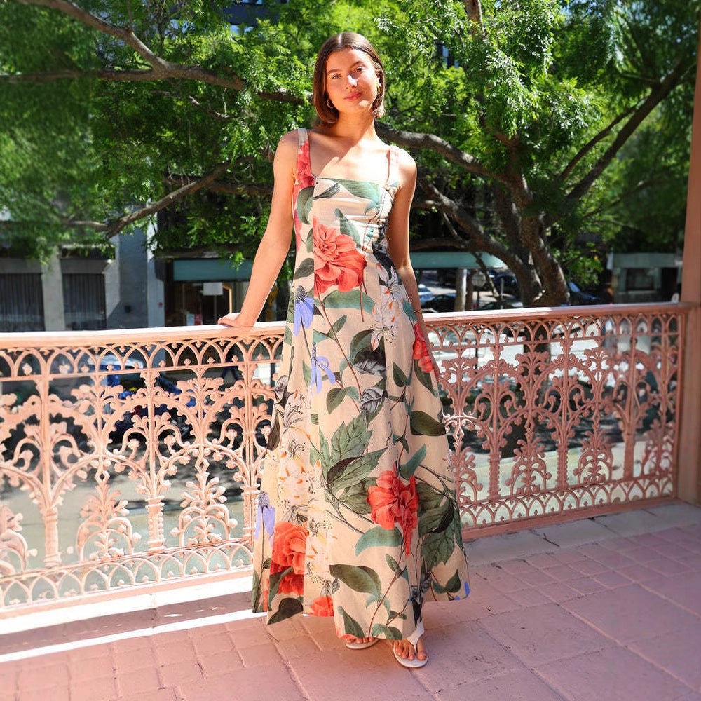 Damklänning – Maxilängd – Figurnära Liv – Bomullsblandning – Blommigt Mönster