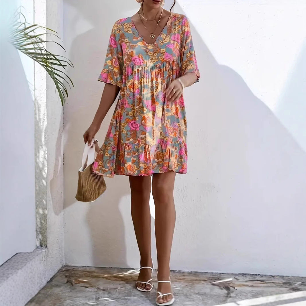 Damklänning boho – V-ringning – Blommigt mönster – 3/4 ärm med volang – Bomull