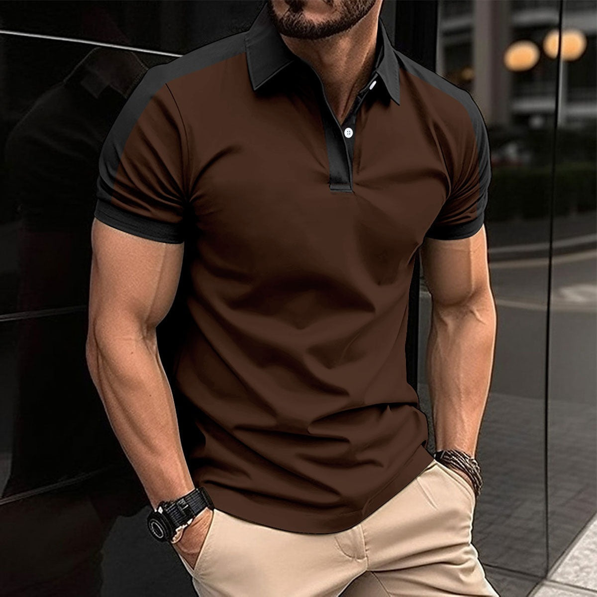 Herr Pikétröja – Slim Fit – Naturliga Fibrer – Kontrastkrage och Ärmslut