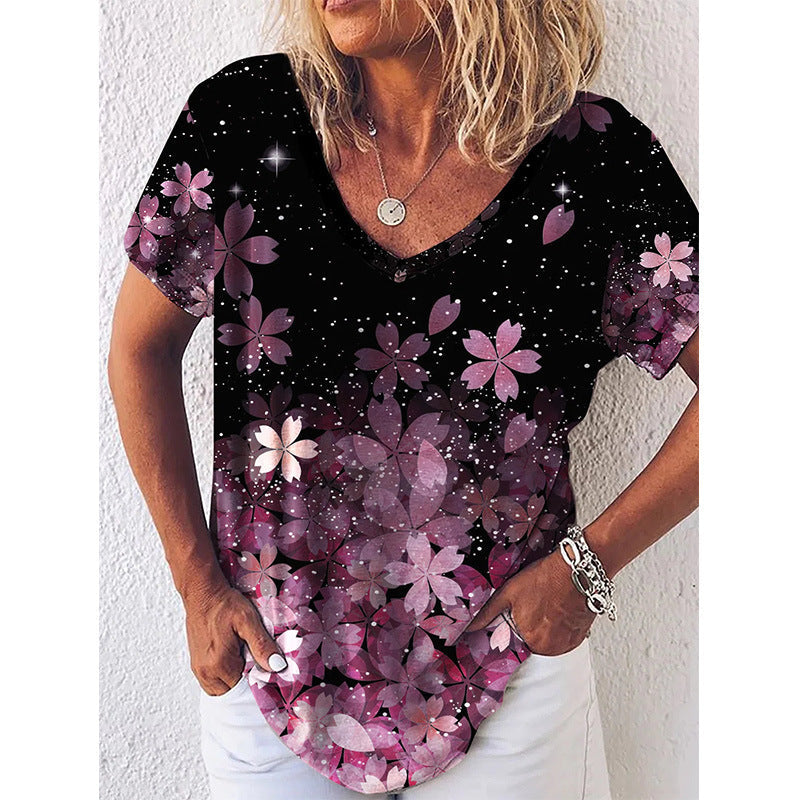 Dam T-shirt V-ringad – Blommigt Mönster – Regular Fit – Mjuk Andningsbar Kvalitet – Kort Ärm