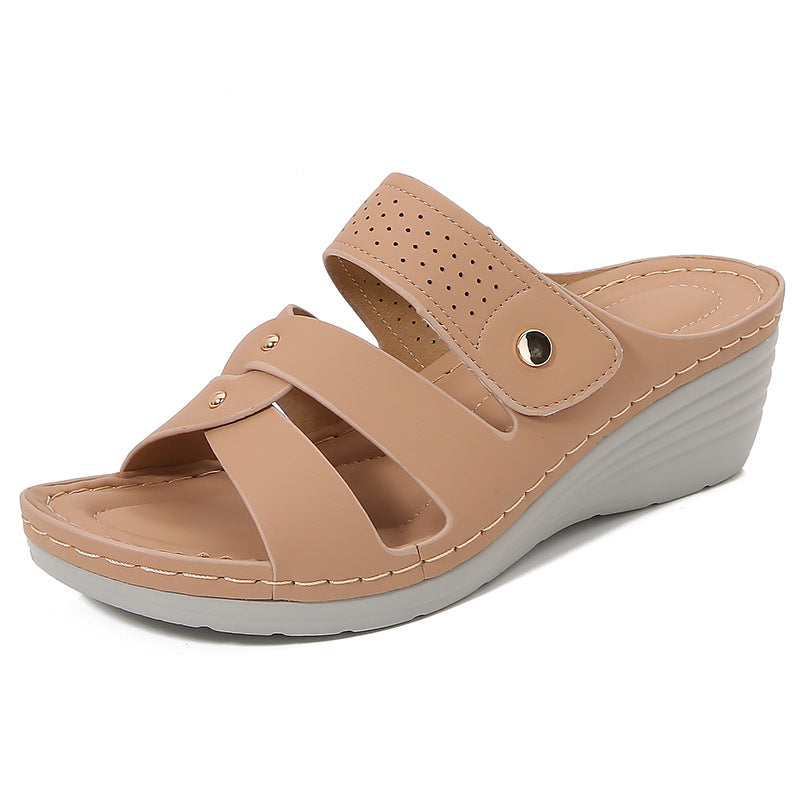 Dam Sandaler med Kilklack – Öppen Tå – Slip-On – Mjuk Sula – Dekorativa Remmar