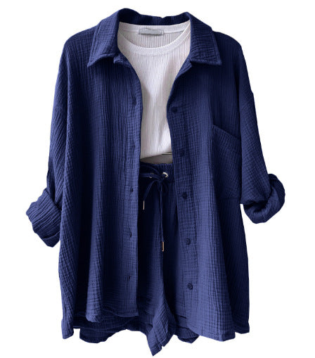 Damset – Högmidjade Shorts med Dragsko – Skjorta med Krage – Crinkle Look – Avslappnad Passform