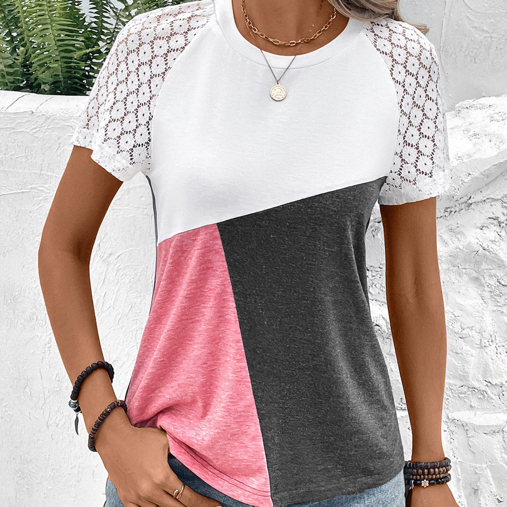 Dam T-shirt – Avslappnad Passform – Spetsärm – Bomullsblandning – Rund Halsringning