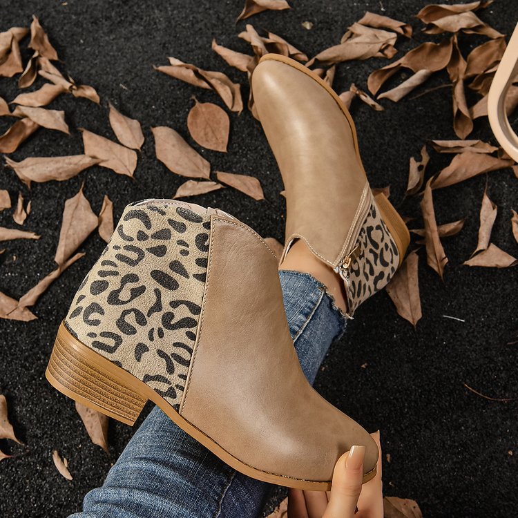 Dam Ankelboots – Snäv Passform – Chunky Klack – Leopardpanel – Dragkedja