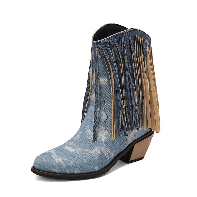 Dam Ankelboots – Spetsig Tå – Blockklack – Fransdetalj – Mixade Material – Slip-on