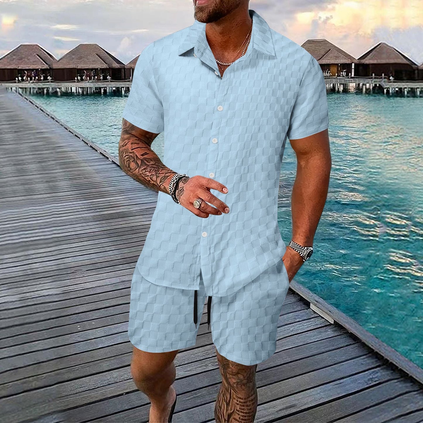 Herr Set med Skjorta och Shorts – Jacquard – Avslappnad Passform – Kortärmad Skjorta