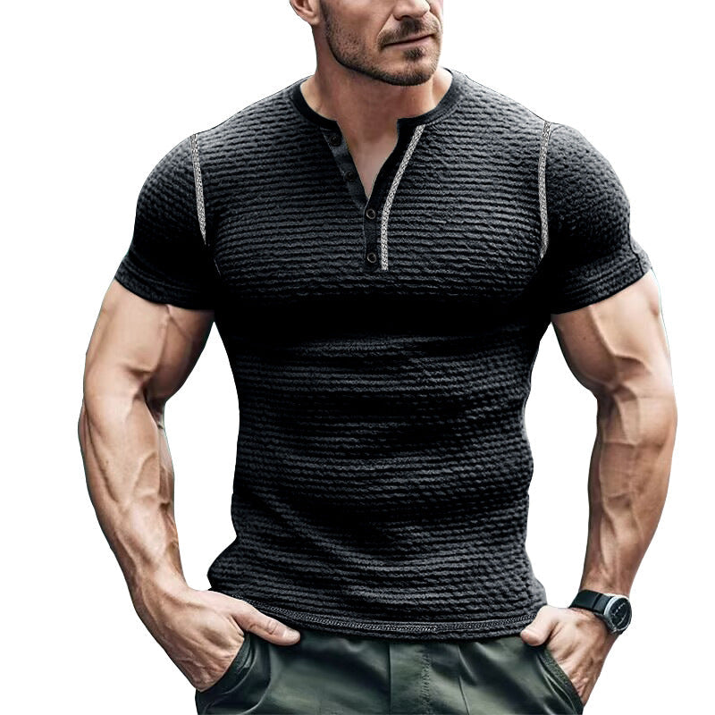Herr T-shirt Henley – Slim Fit – Waffelstruktur – Kort Ärmslut – Ledig Stil