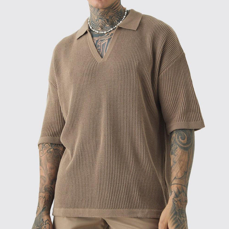 Herr T-shirt – Avslappnad Passform – Texturerad Stickning – V-ringning med Krage