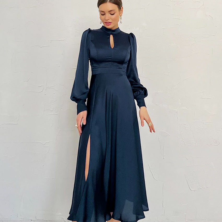 Damklänning – Satin – Hellång – Hög Hals – Puffärm – Elegant Figursydd Passform