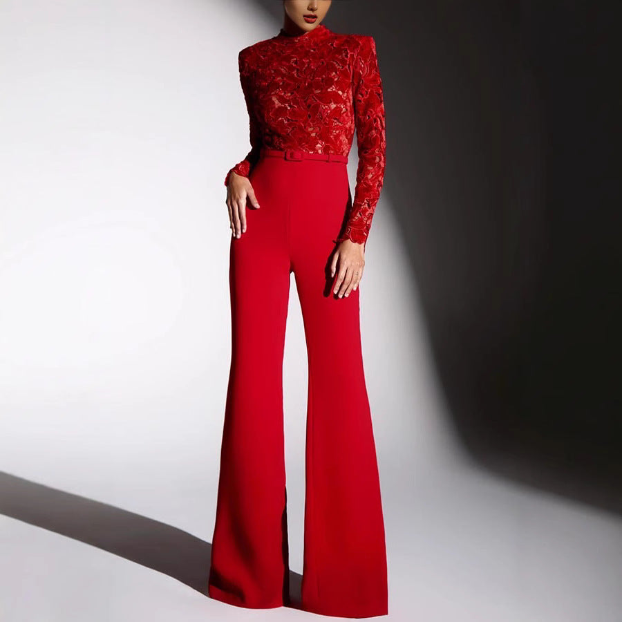 Dam Jumpsuit – Broderad Spets – Skräddarsydd Passform – Utsvängda Ben – Bälte
