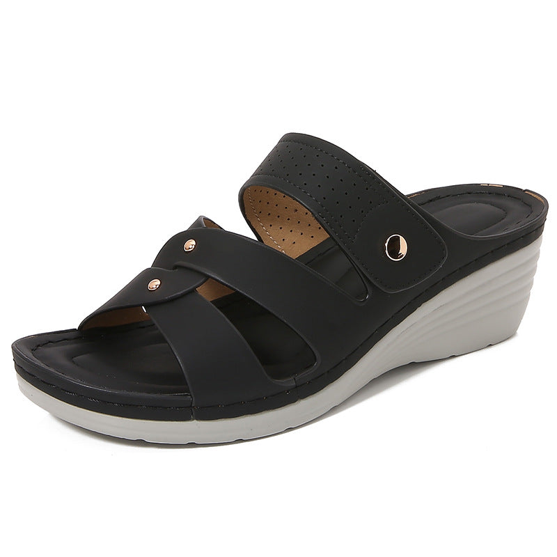Dam Sandaler med Kilklack – Öppen Tå – Slip-On – Mjuk Sula – Dekorativa Remmar