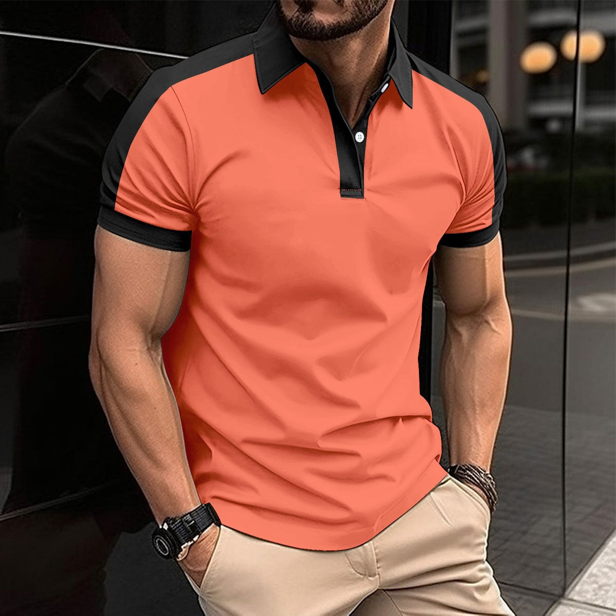 Herr Pikétröja – Slim Fit – Naturliga Fibrer – Kontrastkrage och Ärmslut