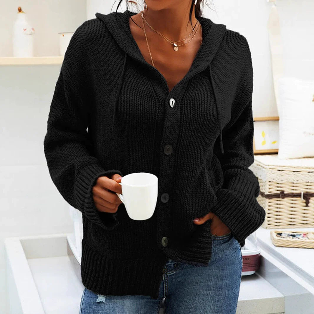 Damkofta med Huva – Stickad – Avslappnad Passform – Knäppning – Dragskohuva