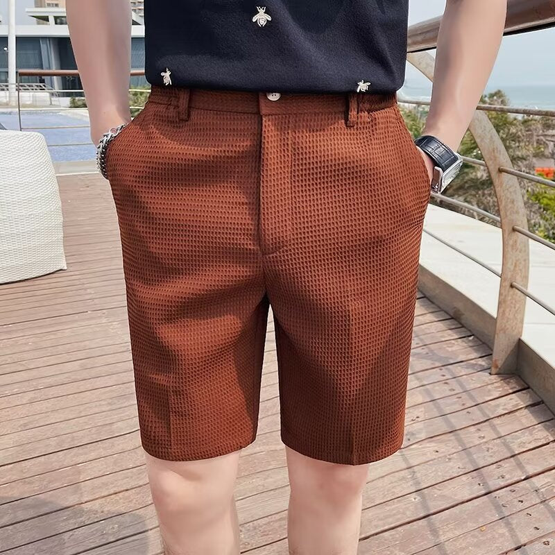 Herrshorts – Slim Fit – Texturerat Vävtyg – Knäppning – Knälångt Snitt