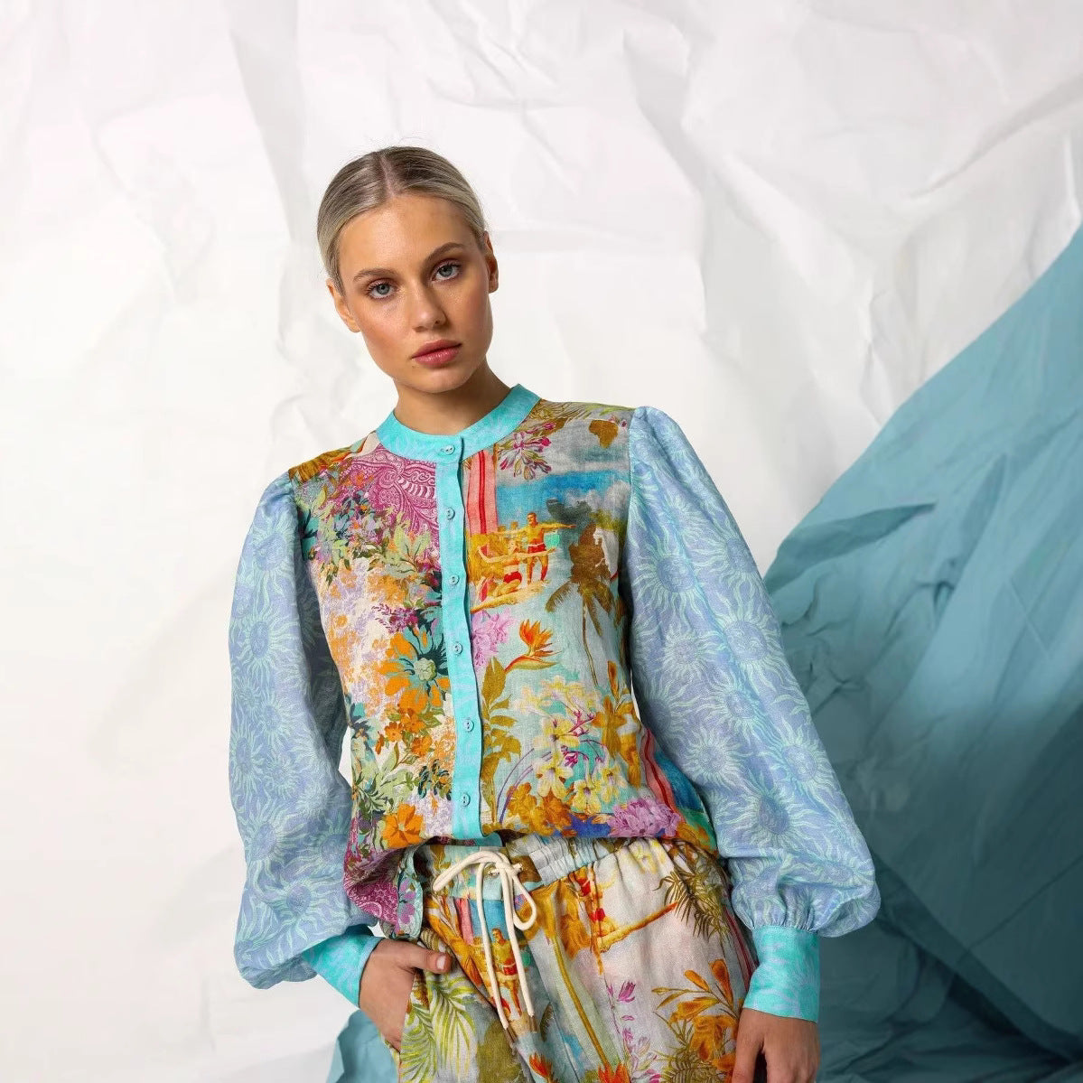 Damset med skjorta och shorts – Linne – Avslappnad passform – Print – Dragsko i midja