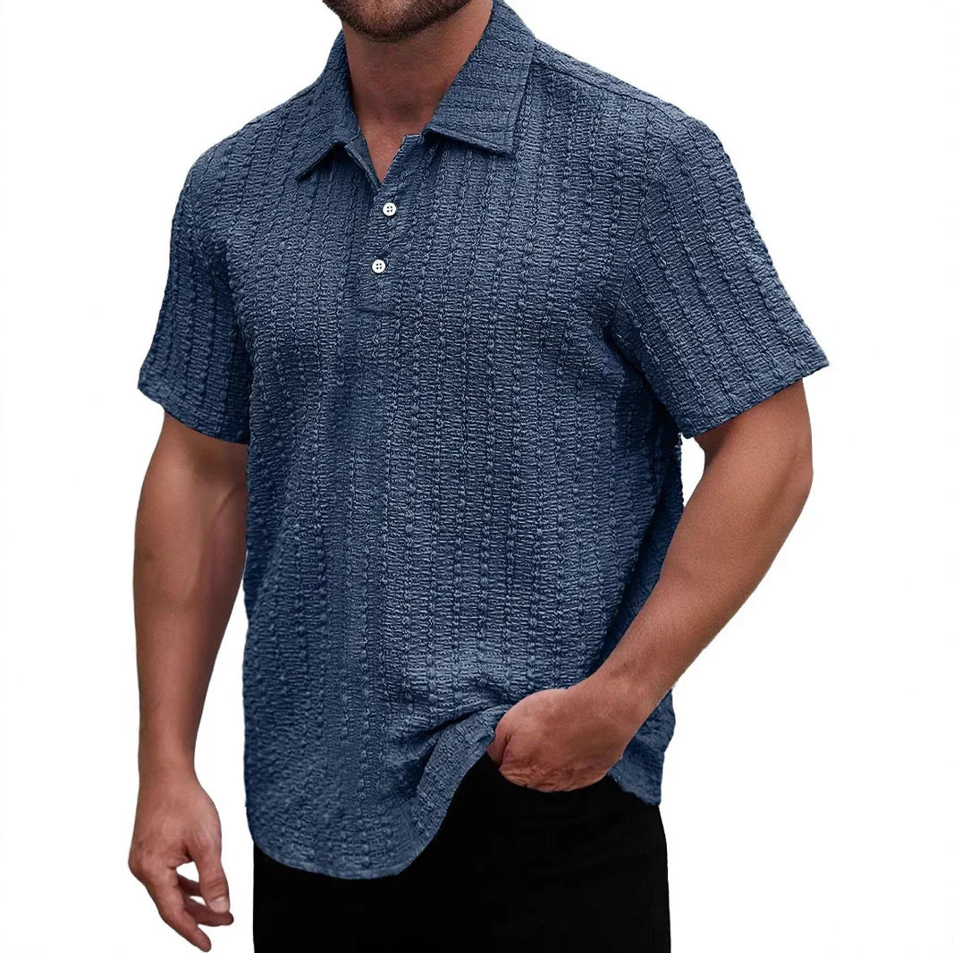 Herrpikétröja – Regular Fit – Texturerad Mjukstickad – Kort Ärm – Andningsbart Tyg